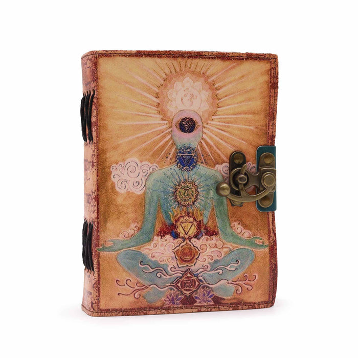 Leder Notizbuch - Buddha & Sieben Chakren, Büttenränder (18 x 13 cm)