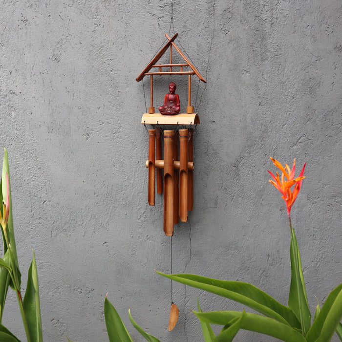 Natürliches Bambus-Windspiel – Brauner Buddha, 6 Röhren