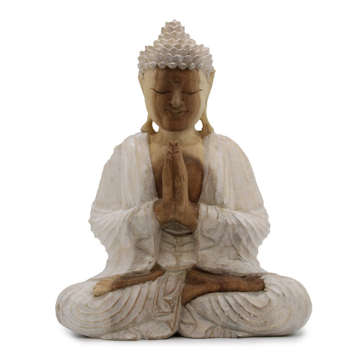 Geschnitzte Buddha-Statue aus Holz, Welcome - Whitewash 30cm