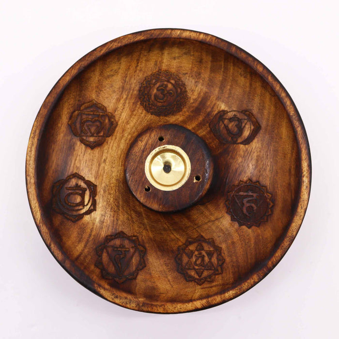 Räucherstäbchen- und Kegelhalter aus Mangoholz – 7 Chakren-Symbole