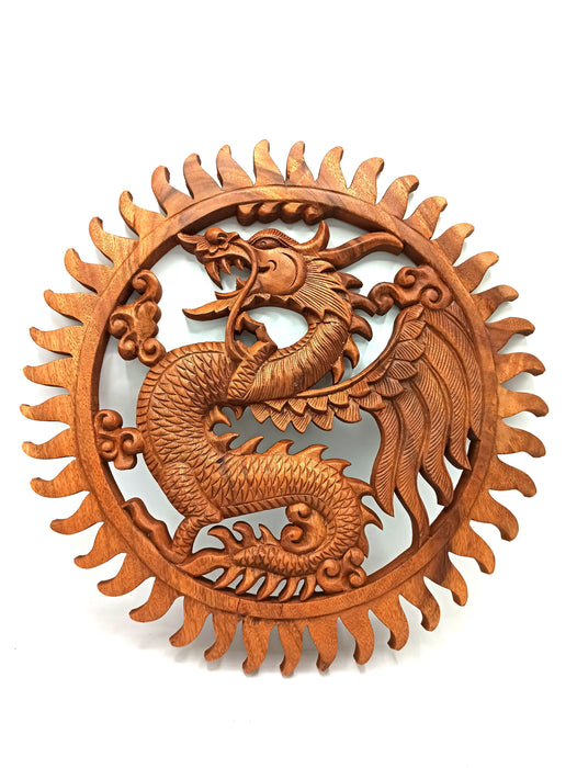 Hand-Carved Wooden Panel - Winged Sun Dragon (40cm)