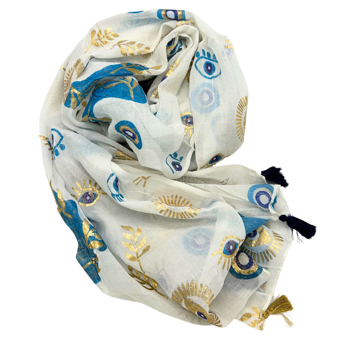 Baumwoll-Pareo – Böses Auge, Weiß mit Blau & Gold