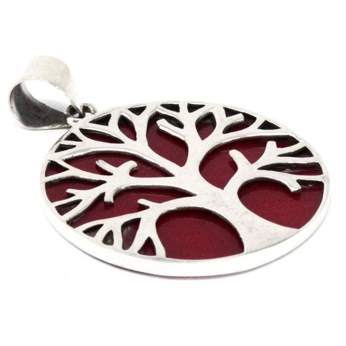Sterling Silver & Coral Effect Pendant - Tree of Life (30mm)