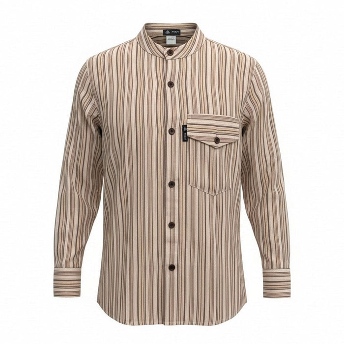 Striped Cotton Grandad Shirt - Brown Beige (Large)