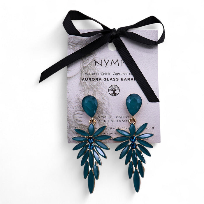 Nymph Aurora Glass Earrings - Long Drop, Teal Green