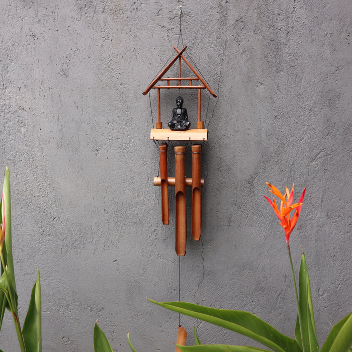 Natürliches Bambus-Windspiel – Schwarzer Buddha, 6 Röhren