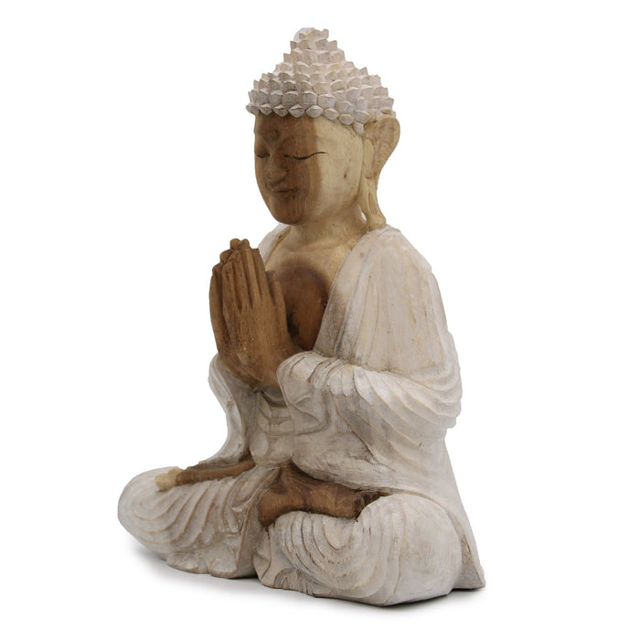 Geschnitzte Buddha-Statue aus Holz, Welcome - Whitewash 30cm