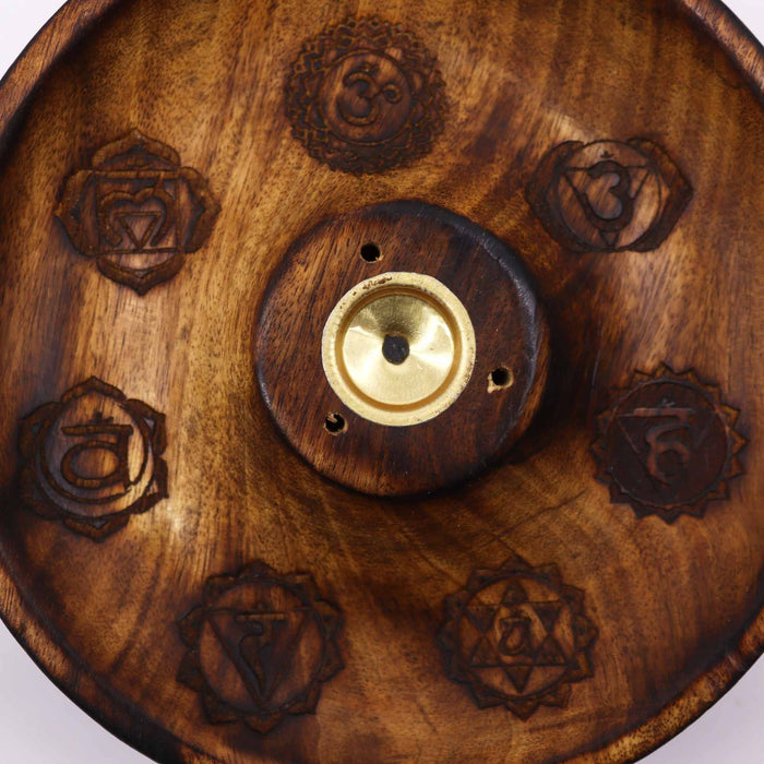 Räucherstäbchen- und Kegelhalter aus Mangoholz – 7 Chakren-Symbole