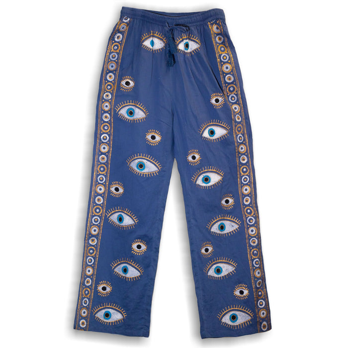 Baumwoll-Freizeithose (L/XL) – Evil Eye, Blau & Gold