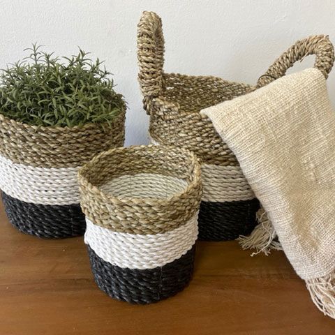 Seegraskörbe – Dunkelgrau, Weiß & Natur – 3er-Set