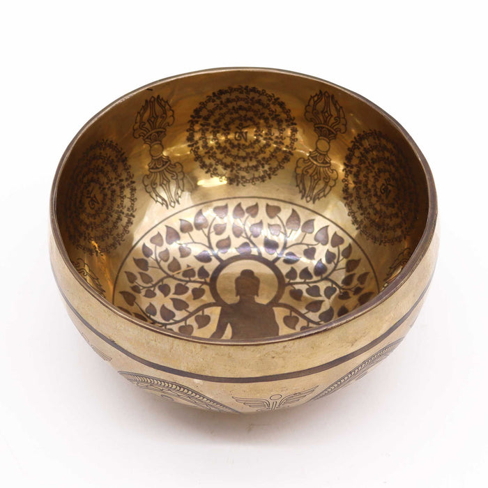 Engraved Brass Tibetan Singing Bowl - Bodhi Tree Buddha, 16cm