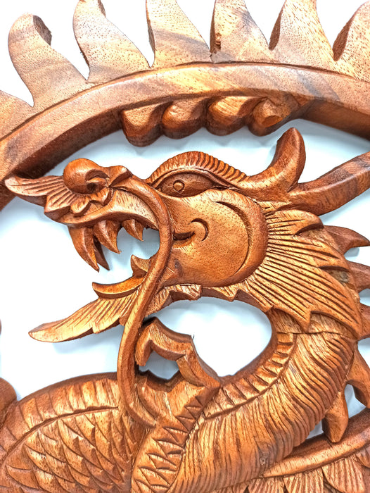 Hand-Carved Wooden Panel - Winged Sun Dragon (40cm)
