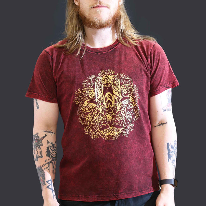 Stonewashed Baumwoll-T-Shirt – Hamsa, Bordeauxrot (L)