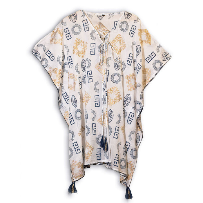 Baumwoll-Kaftan – griechisch, Weiß mit Blau & Gold