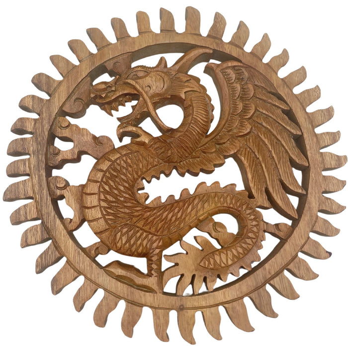 Hand-Carved Wooden Plaque - Winged Sun Dragon (30cm)
