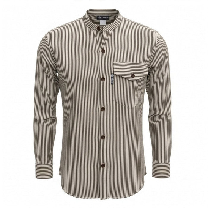 Striped Cotton Grandad Shirt - Grey Stone (XL)