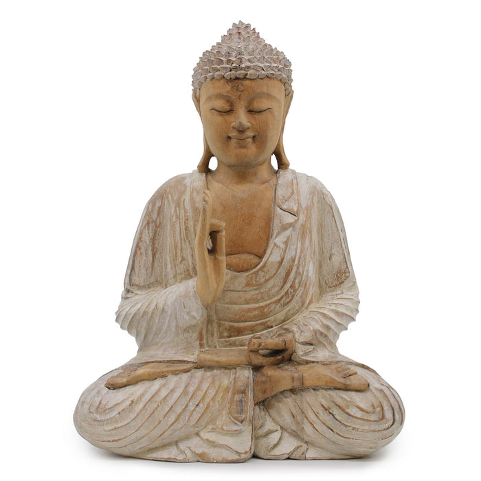 Carved Wood Buddha Statue, Teaching Transmission - Whitewash 40cm