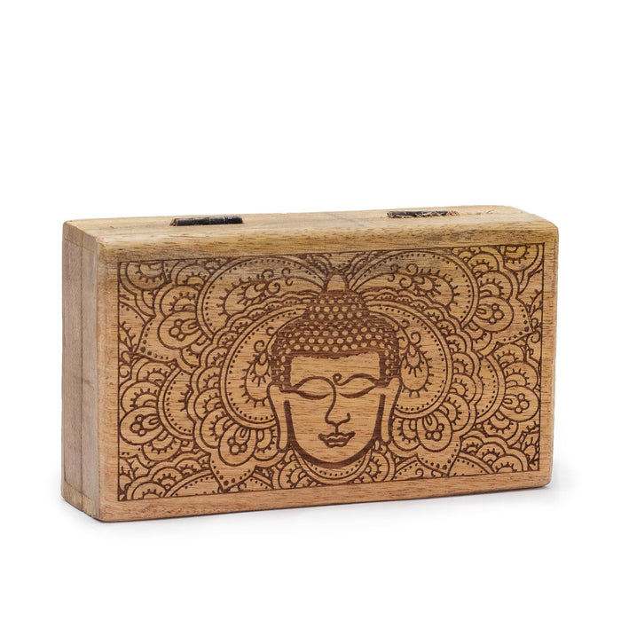 Mittlere rechteckige Holzschatulle – Buddha-Gesicht, schwarz graviert