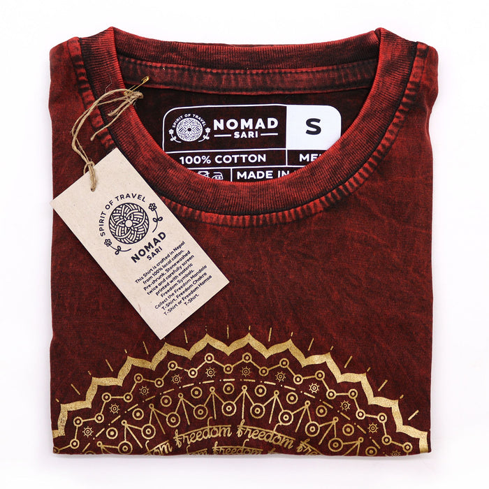 Stonewashed Baumwoll-T-Shirt – Mandala, Weinrot (Größe S)