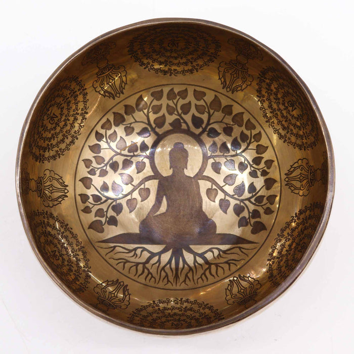 Engraved Brass Tibetan Singing Bowl - Bodhi Tree Buddha, 16cm