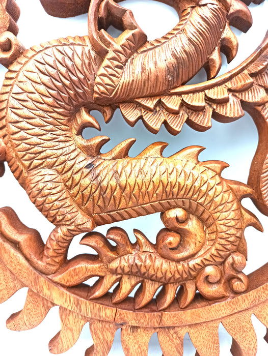 Hand-Carved Wooden Panel - Winged Sun Dragon (40cm)