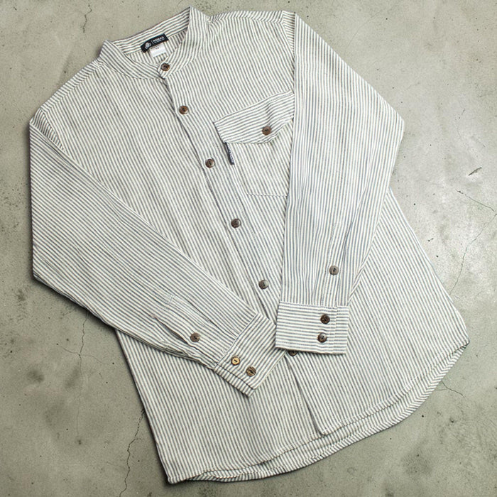 Striped Cotton Grandad Shirt - Grey Stone (XL)