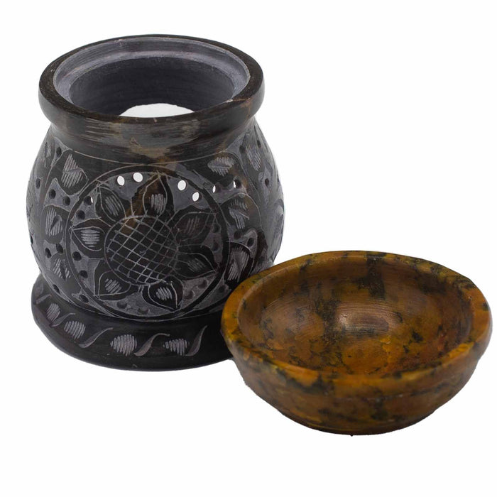 Soapstone Oil Burner - Mandala Flower, Black & Yellow