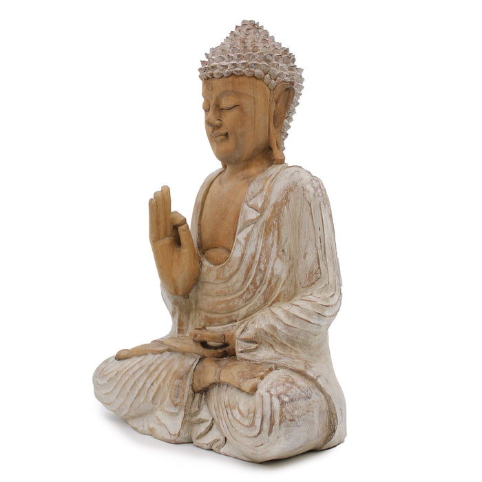 Carved Wood Buddha Statue, Teaching Transmission - Whitewash 40cm