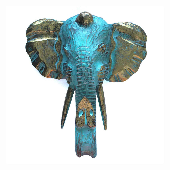 Large Albasia Wood Elephant Head - Gold & Turquoise