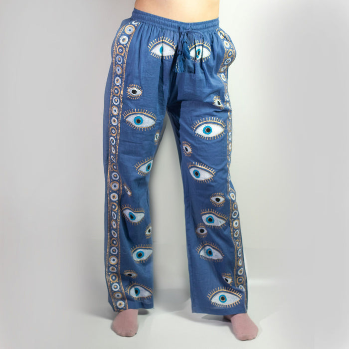 Baumwoll-Freizeithose (M/L) – Böser Blick, Blau & Gold