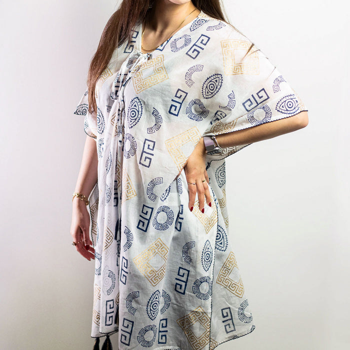 Baumwoll-Kaftan – griechisch, Weiß mit Blau & Gold