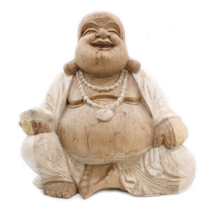 Geschnitzter Holz-Glücks-Buddha – Whitewash 50cm