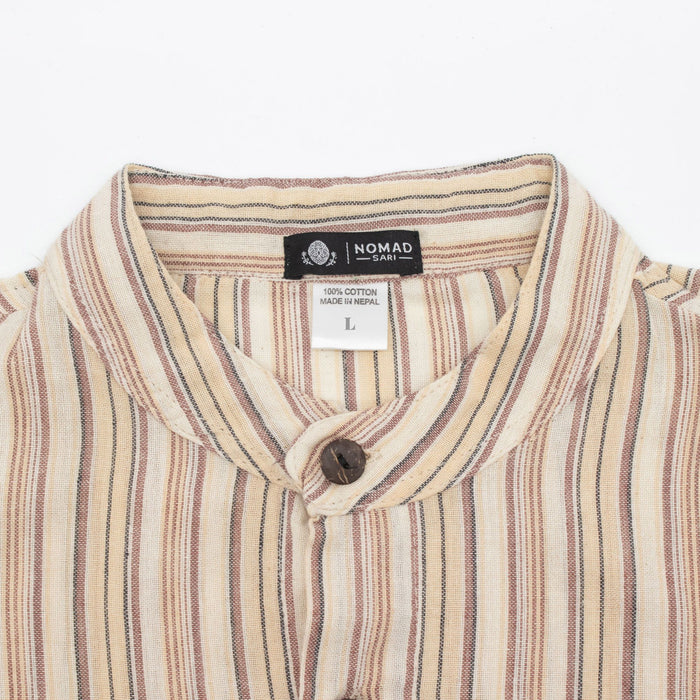 Striped Cotton Grandad Shirt - Brown Beige (Large)