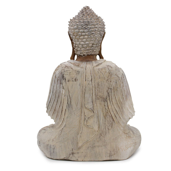 Carved Wood Buddha Statue, Teaching Transmission - Whitewash 40cm