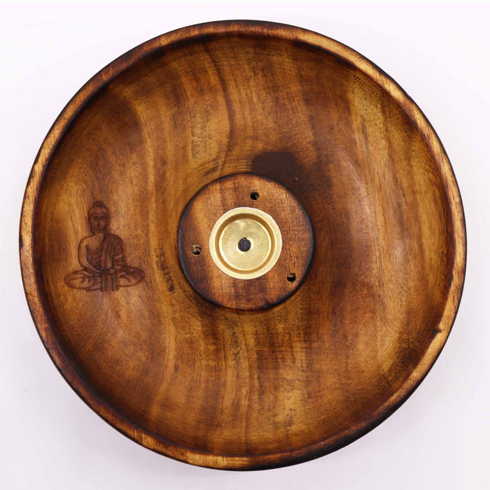Räucherstäbchen- und Konusbrenner-Scheibe aus Mangoholz – Buddha-Symbol