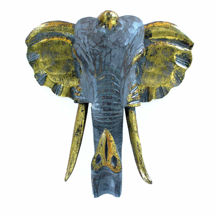 Large Albasia Wood Elephant Head - Gold & Grey