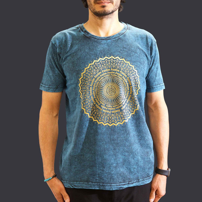 Stonewashed Cotton T-Shirt - Mandala, Blue (Medium)