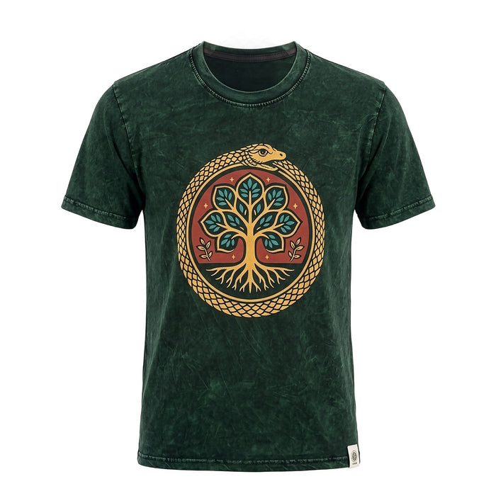 Stonewashed Cotton T-Shirt - Tree of Life, Green (Small)
