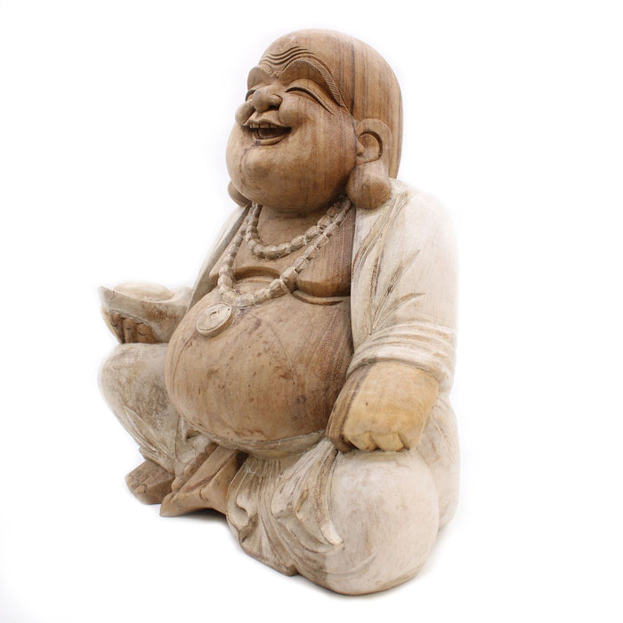 Geschnitzter Holz-Glücks-Buddha – Whitewash 50cm