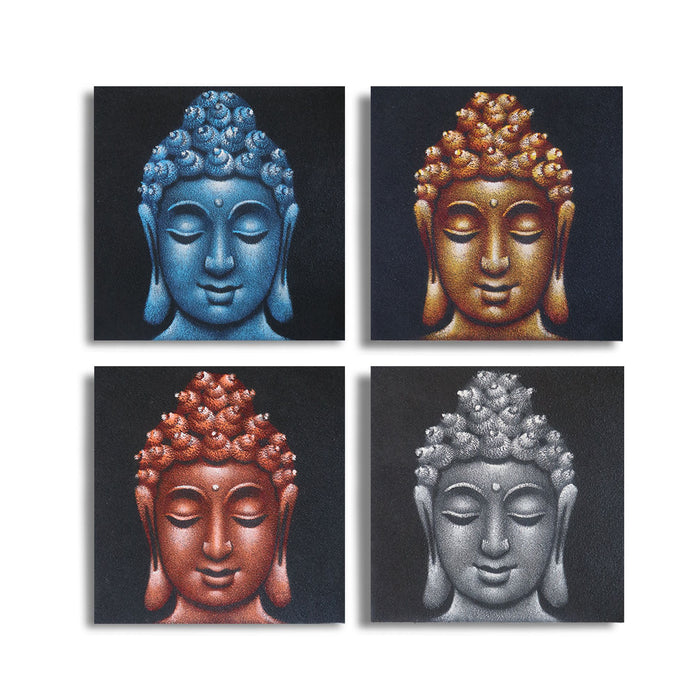 Set of 4 Painted Canvases - Buddha Heads, Sand Finish