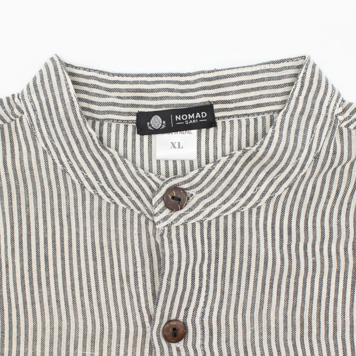 Striped Cotton Grandad Shirt - Grey Stone (XL)