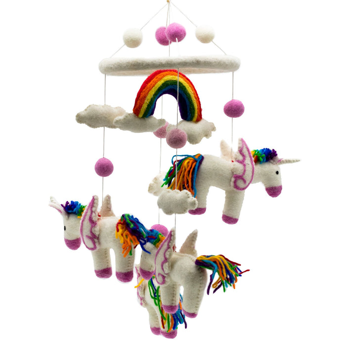Handgemachtes Filzmobile - Regenbogen-Einhörner