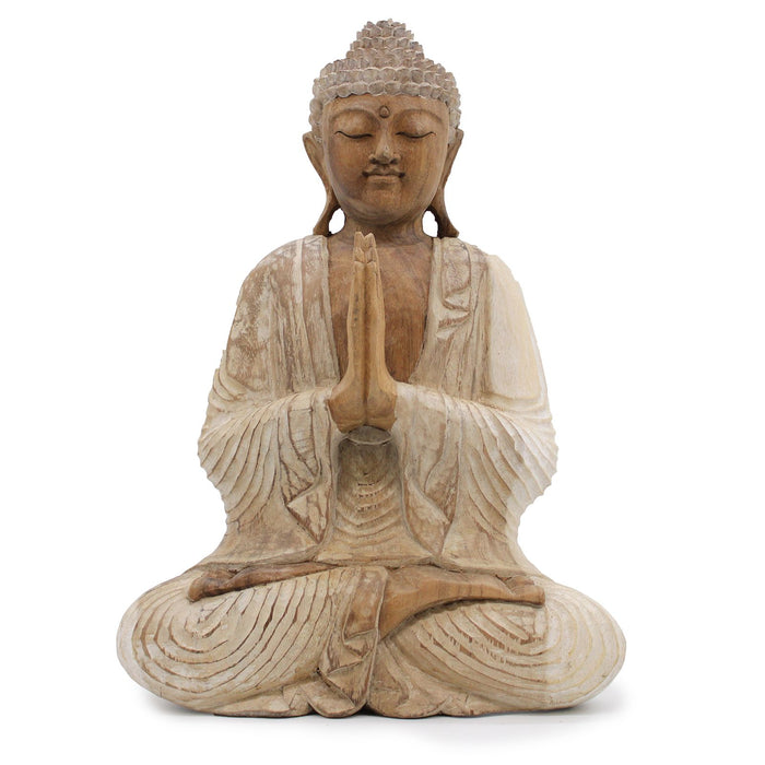 Geschnitzte Buddha-Statue aus Holz, willkommen – Weiß getüncht 40 cm