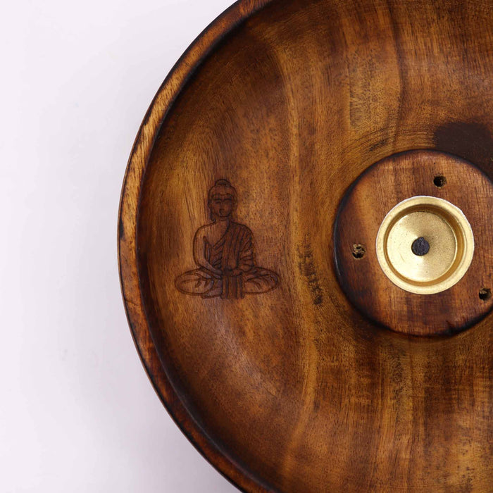 Räucherstäbchen- und Konusbrenner-Scheibe aus Mangoholz – Buddha-Symbol