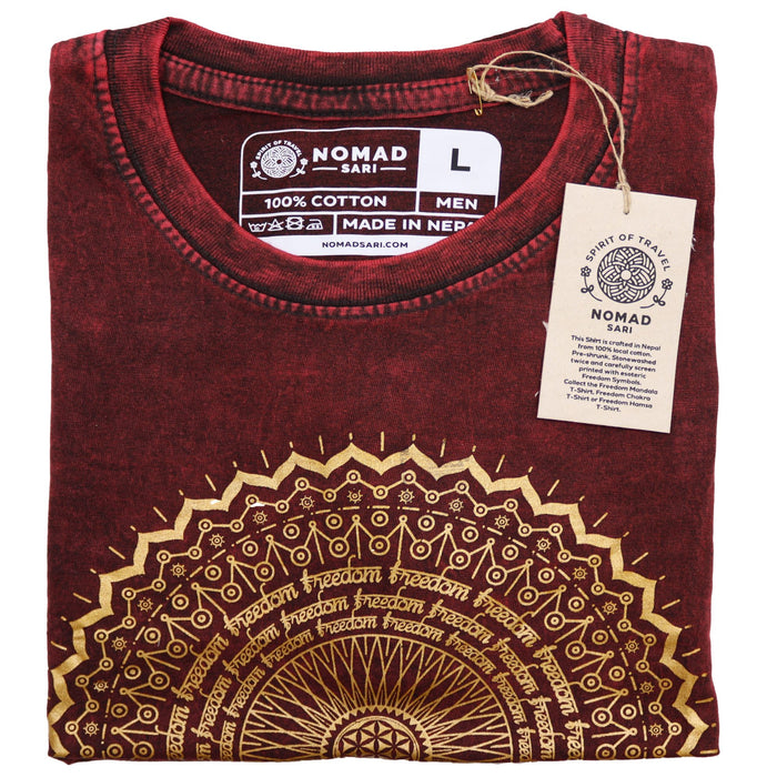 Stonewashed Cotton T-Shirt – Mandala, Maroon (Large)