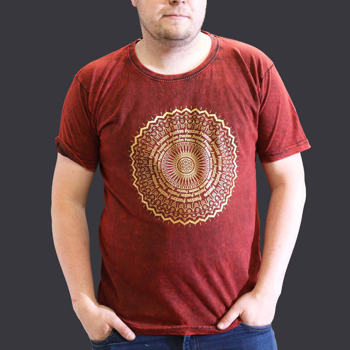 Stonewashed Baumwoll-T-Shirt – Mandala, Kastanienrot (XL)