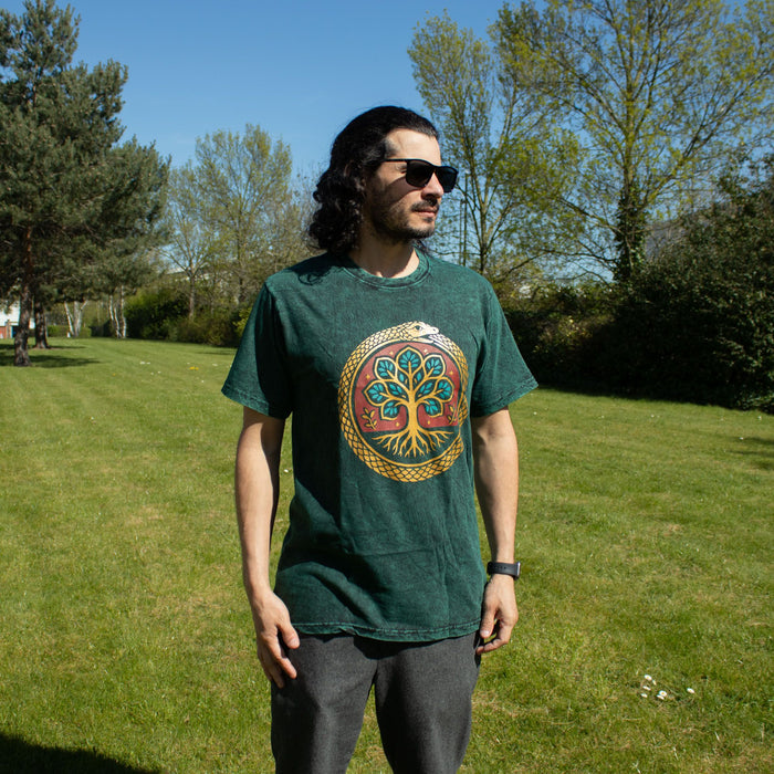 Stonewashed Cotton T-Shirt - Tree of Life, Green (Small)
