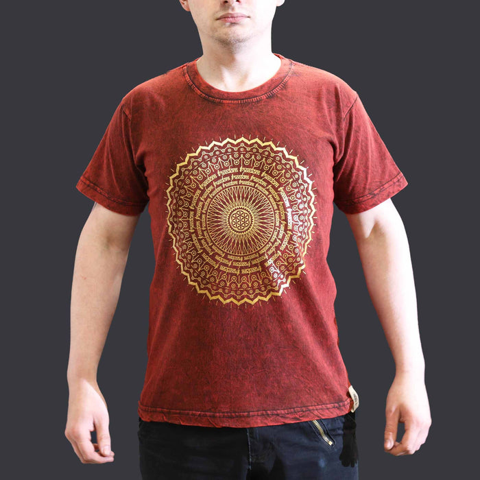 Stonewashed Baumwoll-T-Shirt – Mandala, Weinrot (Größe S)