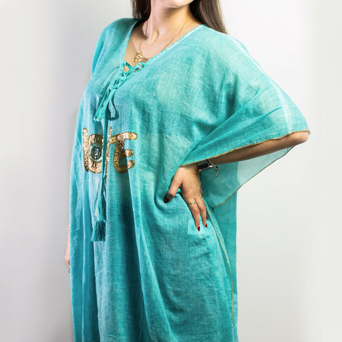 Baumwollkaftan – „LOVE“, Türkis & Gold
