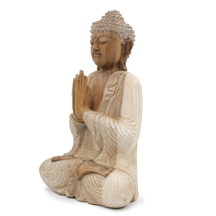 Geschnitzte Buddha-Statue aus Holz, willkommen – Weiß getüncht 40 cm
